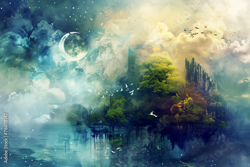 Mystical and serene landscape with elements of nature and fantasy  featuring a translucent moon  a forest  birds in flight  and a reflective body of water  all enveloped in a dreamy  cloudy atmosphere