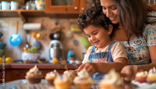 A woman and a child are making cupcakes in a kitchen