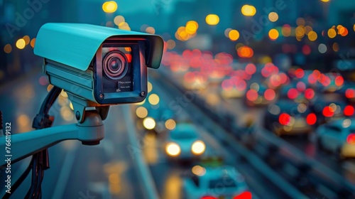 Security CCTV camera has focus and recording lot of car on the road with traffic jam at night city photo