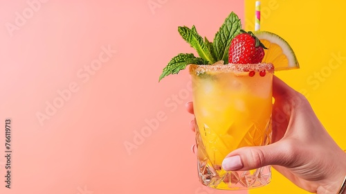 grabbing a delightful cocktail with one hand and separating it against a pink and yellow backdrop