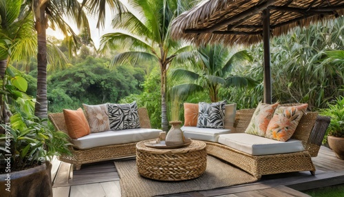 lounge chairs in a tropical garden.a tropical-themed rattan sun lounge furniture set infused with exotic flair, incorporating bamboo accents and tropical prints on cushions, evoking the ambiance of a 