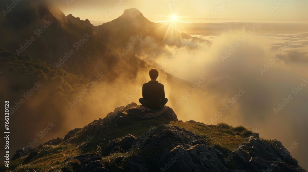 Man seated cross-legged atop a tranquil mountain, practicing deep breathing exercises, early morning mist swirls around him as the first rays of the sun pierce through. - obrazy, fototapety, plakaty 