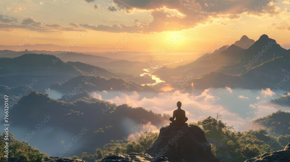 Man seated cross-legged atop a tranquil mountain, practicing deep breathing exercises, early morning mist swirls around him as the first rays of the sun pierce through.