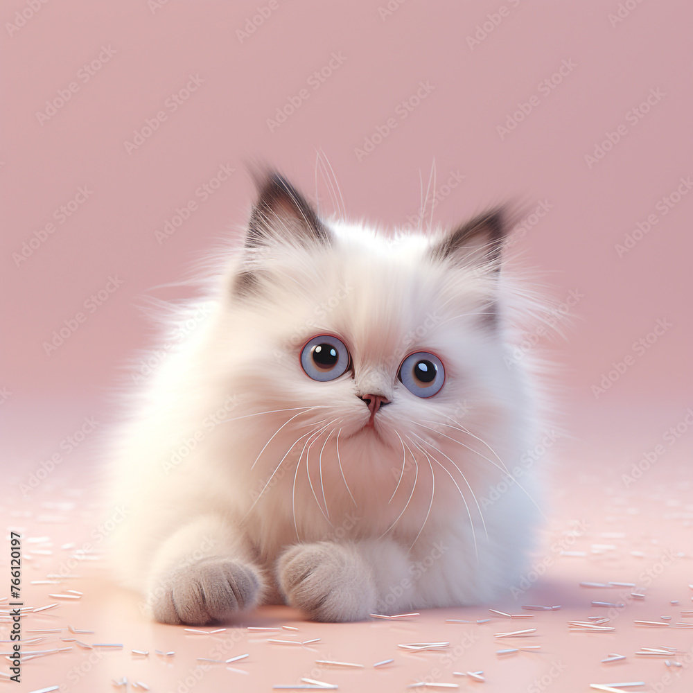 Fluffy White Kitten With Striking Blue Eyes on a Soft Pink Background. AI Generated Fluffy White Kitten With Striking Blue Eyes on a Soft Pink Background. AI Generated