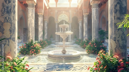 Background: Timeless Islamic courtyard featuring a central fountain surrounded by marble pillars
