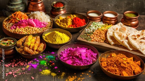 Traditional assorted Indian food, Holi colours powder, rustic background. Indian Holi holiday. Indian dishes and snacks set. Holi celebration. photo