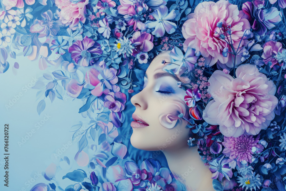 Surreal portrait of woman with her face peacefully merged into vibrant floral arrangement, evoking sense of harmony with nature. concept of femininity, beauty, flowers