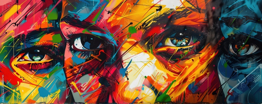 Fototapeta premium woman face colorful graffiti wall abstract background, Generative Ai not real photo, idea for artistic pop art background backdrop