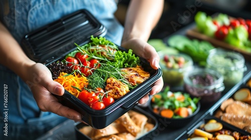 Woman's hand clutching a lunchbox filled with nutritious food photo