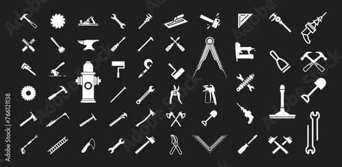 carpenter, handyman tool and equipment icon set, glyph design