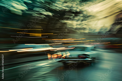 Very expressive blur cinematic abstract illustration of a racing car in high speed with blurred background. Concept of high speed.