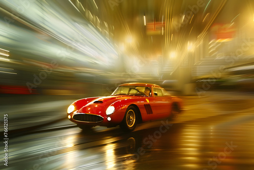 Antique retro vintage car in high speed at the road on blurred background with a spectacular rays of light, ai generated in blur art photography style,