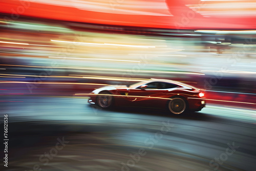 Antique retro vintage red car in high speed at the road on blurred background, ai generated in blur art photography style