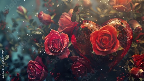 Valentines Day background with heart and roses. Vintage style