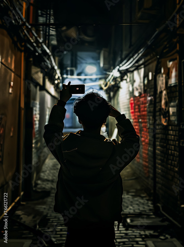 Silhouette Walking man, his back to the camera in a middle of old stone walls, medieval Old City, Dramatic lights  © beshoy
