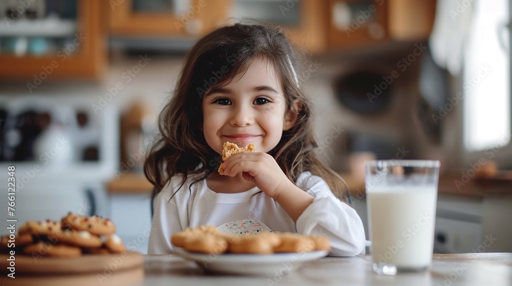 Little child enjoys a morning meal in a bright kitchen Little child enjoys a morning meal in a bright kitchen