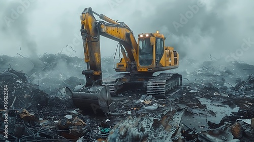 Excavator on pile of rubbish like a mountain, dredging up rubbish