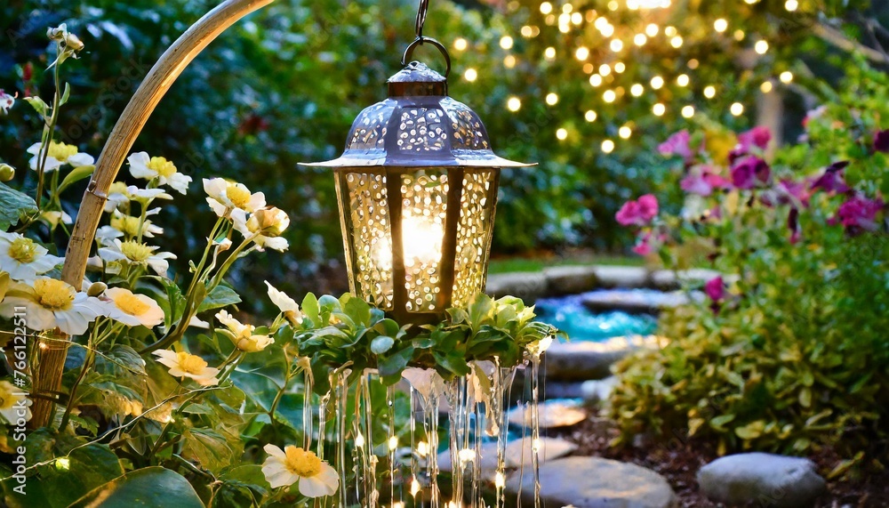 lantern in the garden.a whimsical hanging LED solar light watering can lantern inspired by fairy tales, featuring a magical garden fountain design with cascading LED lights, whimsical embellishments, 