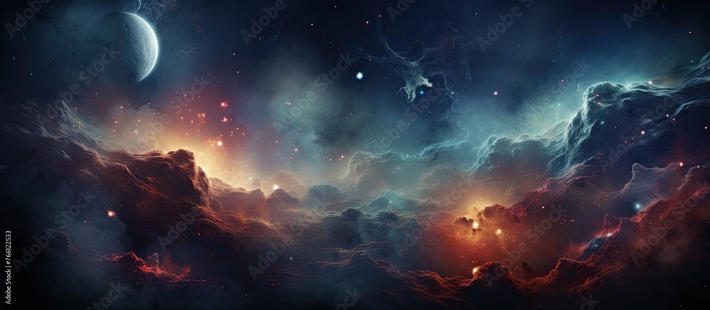 Obraz premium An artistic representation of a cloudy sky with a moon in the background, capturing the ethereal beauty of the atmosphere and natural landscape