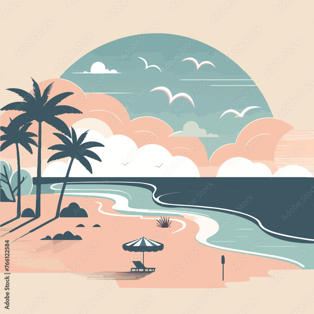Summer vacation concept, Banner of beach chairs and accessories on the beach, illustration