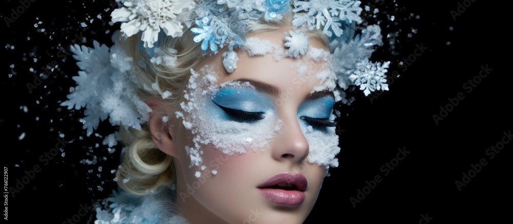A woman adorned with snowflake art on her face and an electric blue crown of snowflakes on her head. A striking fashion accessory fit for a winterthemed event or entertainment