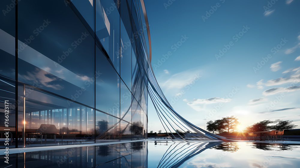 Obraz premium 3D rendering of glass office building, futuristic architecture