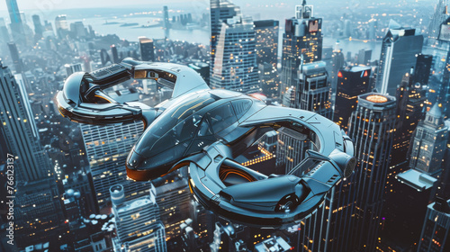 a photorealistic image of a futuristic flying car soaring above a sprawling cityscape