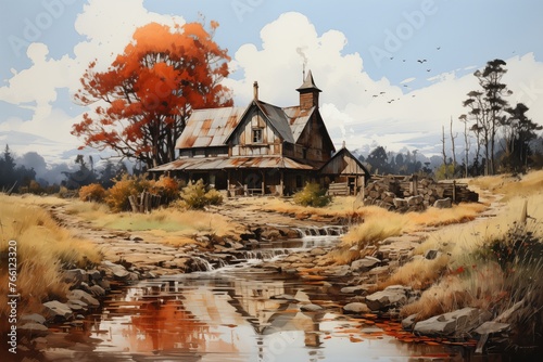 Watercolor of country house ink splatter on white background