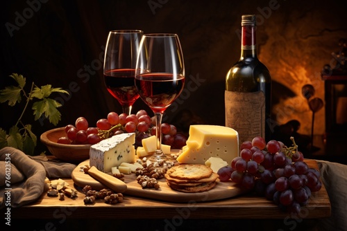a table with wine and cheese