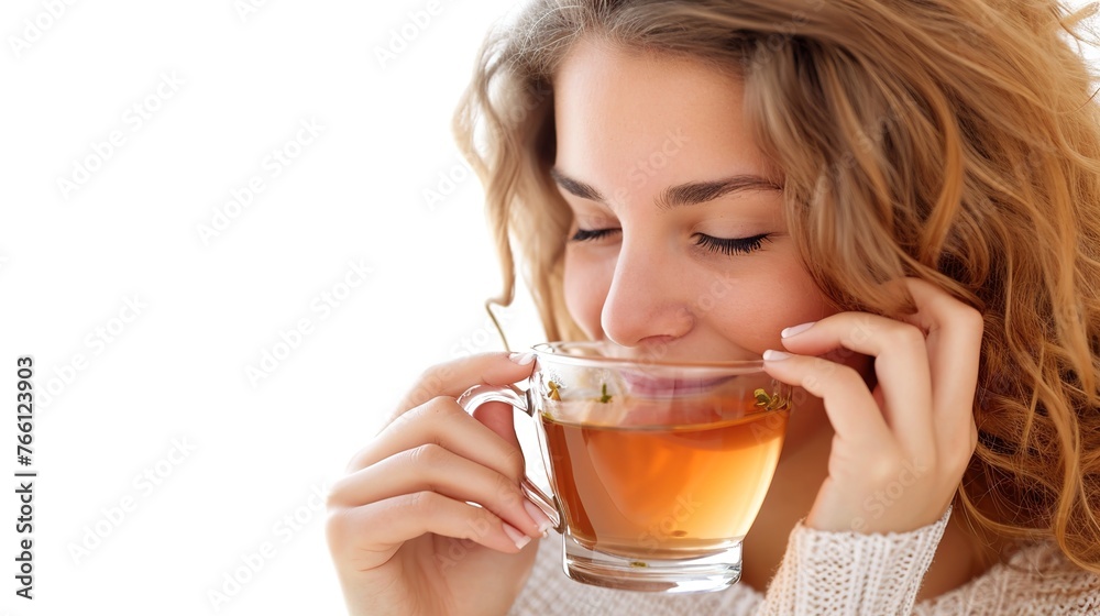 Smiling woman with a hot cup of tea Smiling woman with a hot cup of tea