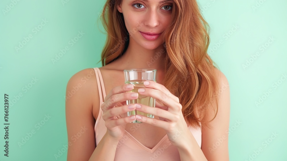 The young lady is holding a glass filled with clear water. The young lady is holding a glass filled with clear water.