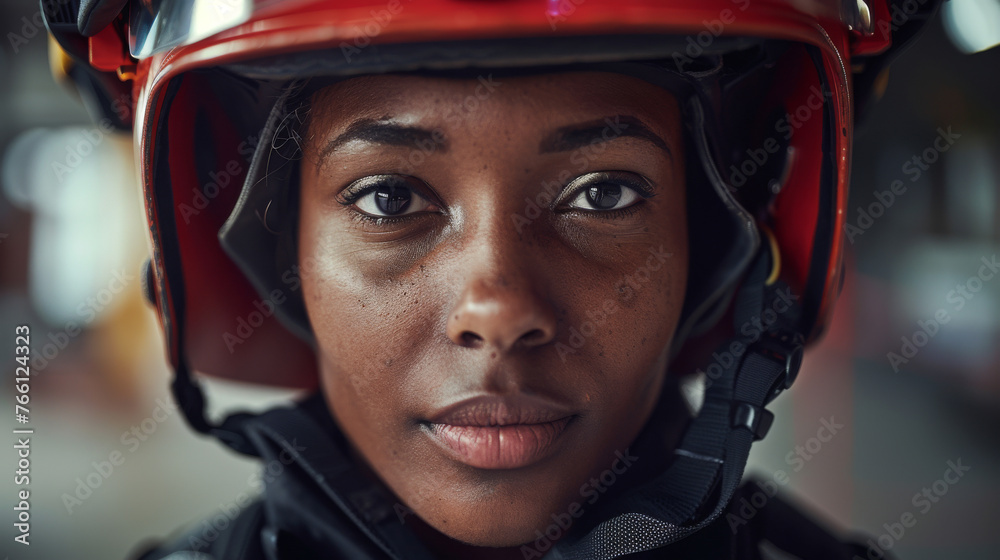 Portrait of a black female firefighter wearing a helmet Portrait of a black female firefighter wearing a helmet