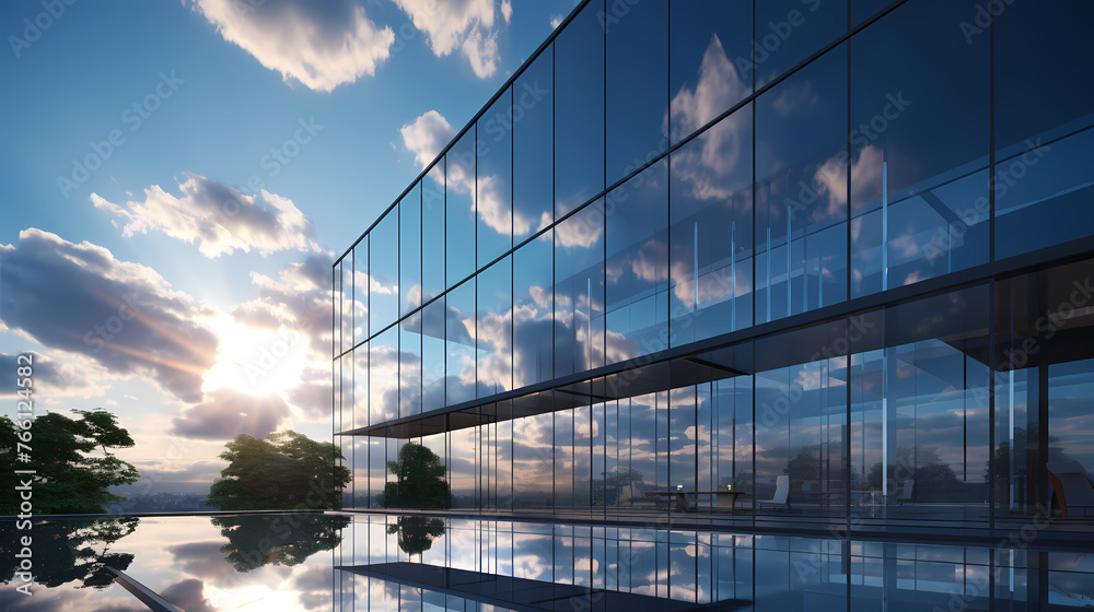 Obraz premium 3D rendering of glass office building, futuristic architecture