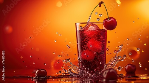 A cold, red cherry bobs in a splash of summery cocktail in a glass filled with ice