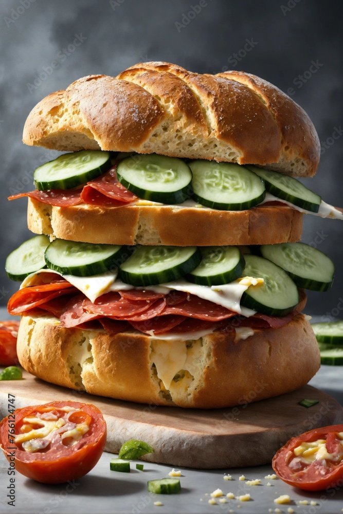 Bread and cucumber slices with pepperoni and cheese topping, excellent quality, cloudy gray background, digital HD art, highly detailed, concept art, Bread and cucumber slices with pepperoni and cheese topping, excellent quality, cloudy gray background, digital HD art, highly detailed, concept art,