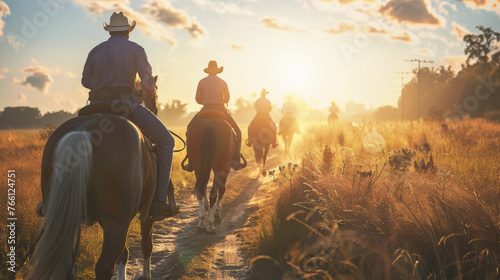 a group of people riding horses into the sunset photo