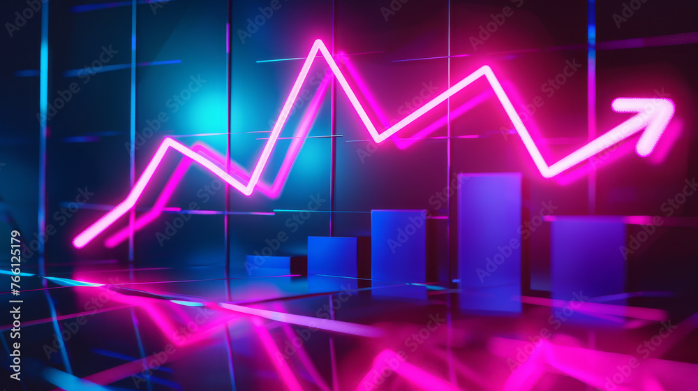 draw a business growth chart with an arrow moving upward with a neon background draw a business growth chart with an arrow moving upward with a neon background