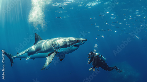 scuba diver swimming great white sharks © EmmaStock