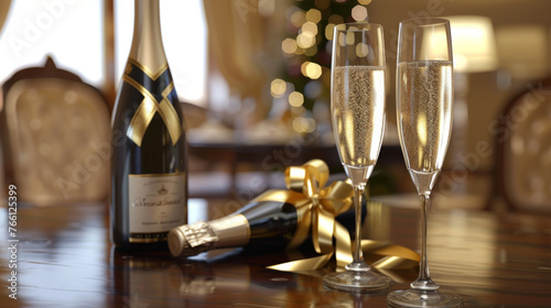 Two glasses of champagne and a bottle tied with a gold ribbon lay on the table photo