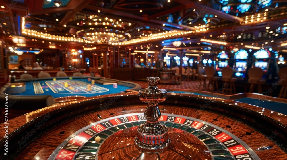 Image of abstract slot machine and poker table in casino for background usage