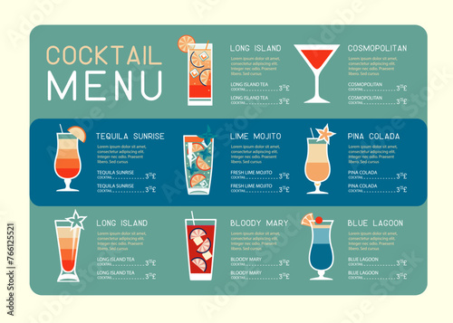 Retro summer restaurant cocktail menu design. Vector illustration