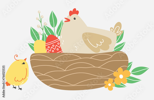 Easter holiday, which is depicted with a vector illustration of rabbits and eggs that have been painted with cute motifs photo