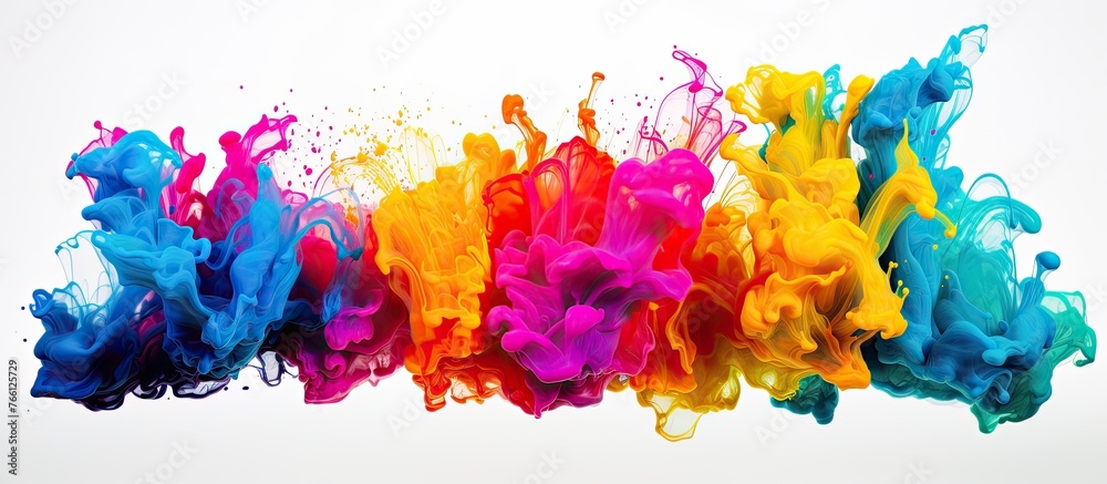 A vibrant display of art paint splashes in shades of purple, violet, magenta, and electric blue on a white background, resembling petals floating in water A vibrant display of art paint splashes in shades of purple, violet, magenta, and electric blue on a white background, resembling petals floating in water
