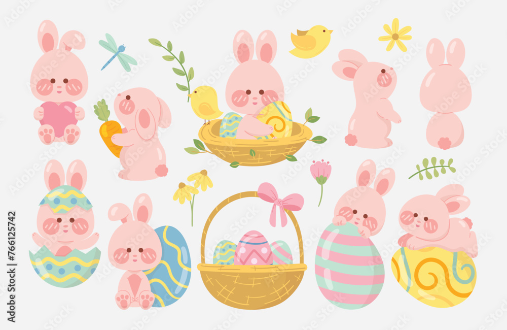 Easter holiday, which is depicted with a vector illustration of rabbits and eggs that have been painted with cute motifs Easter holiday, which is depicted with a vector illustration of rabbits and eggs that have been painted with cute motifs