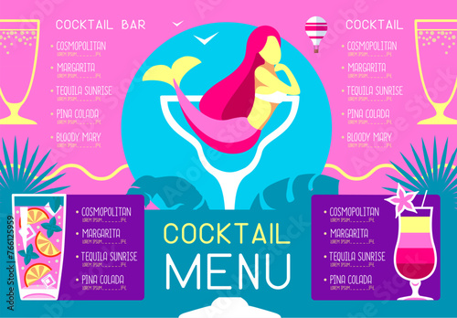 Retro summer restaurant menu design with cocktails and mermaid. Vector illustration