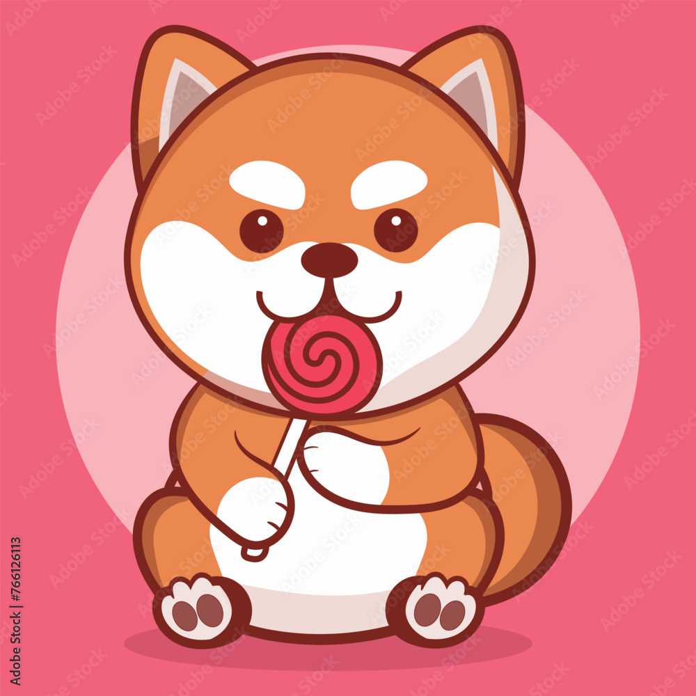 Vector cute shiba inu dog eating lollipop cartoon