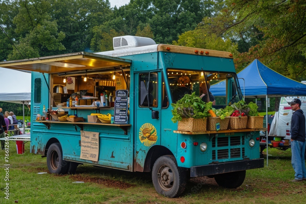 A blue food truck is parked in a spacious field, serving delicious meals to hungry customers, A food truck in a farmerâ€™s market setting, AI Generated