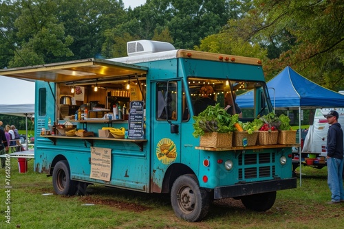A blue food truck is parked in a spacious field, serving delicious meals to hungry customers, A food truck in a farmerâ€™s market setting, AI Generated