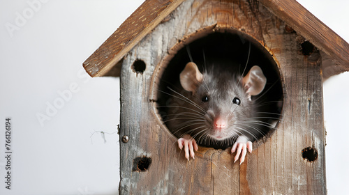 Close up of a brown mouse in a wooden birdhouse with sawdust,Rat in the house.Muzzle of a gray rat. The mouse looks in a round hole .