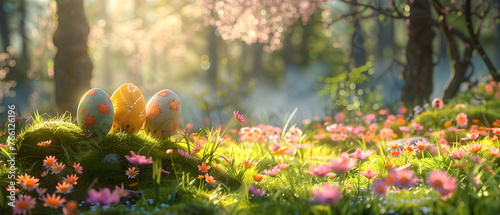 A group of painted Easter eggs sitting on lush green grass next to a forest filled with pink and yellow flowers on a sunny spring day. photo